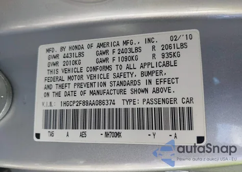 2010 Honda Accord 2.4 Ex-L z USA, uszkodzony, nr VIN 1HGCP2F89AA086374